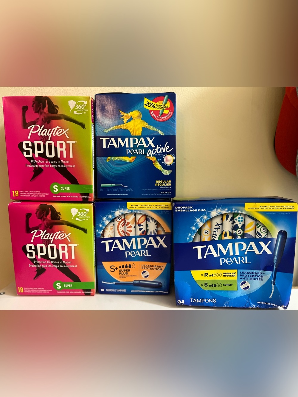 Assorted Playtex and Tampax Tampon Boxes